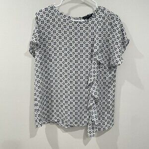 Banana Republic Blue White Ruffle Short Sleeve Blouse Keyhole Back Size Medium M